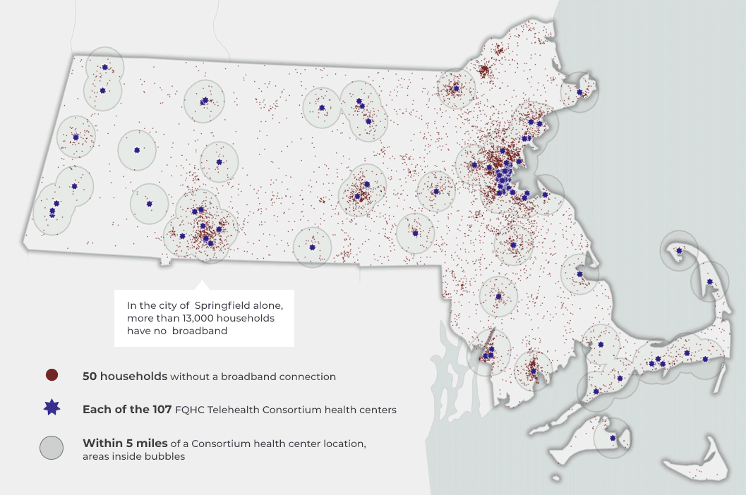 Map of Massachusetts showing broadband service