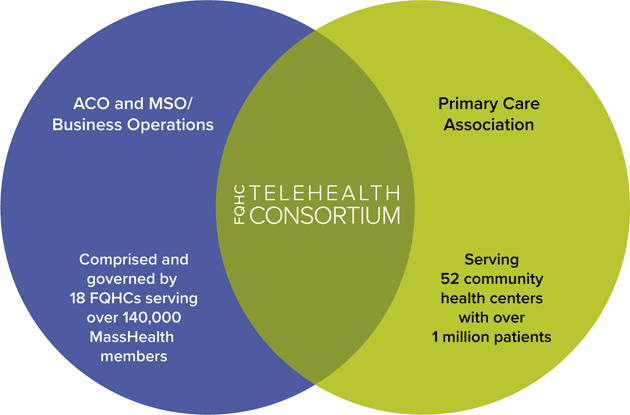 Venn diagram showing shared goals and FQHC Telehealth Consortium is where they overlap